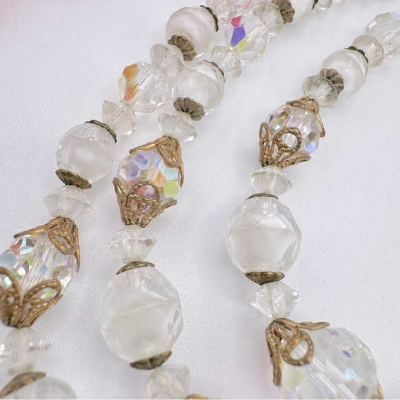Vintage Givre Glass AB Crystal Bead Triple Strand Necklace Filigree Romantic - Picture 11 of 15